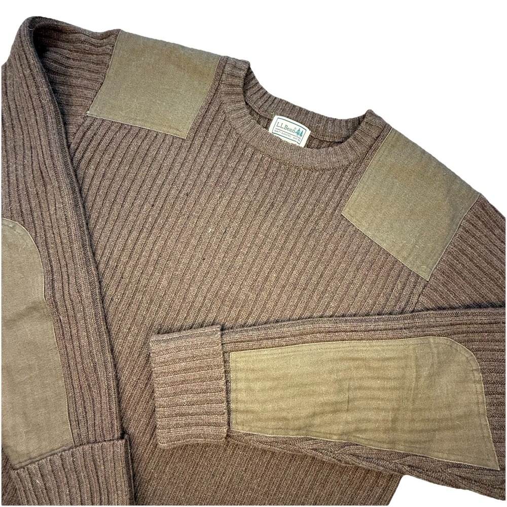 LL Bean Mens XL T Commando Brown Sweater Merino Lambs Wool Elbow Patches